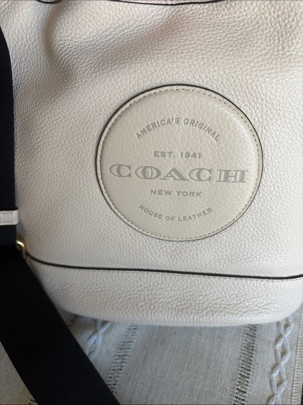 Coach Dempsey Pebbled Leather Drawstring Bucket Bag with Black Strap